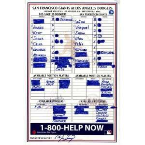  Giants vs. Dodgers 9 07 2005 Game Used Lineup Card Sports 