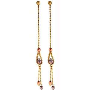  14KT Tri Color Tassel With Bead Earrings: Gold and Diamond 
