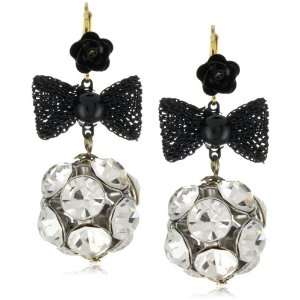    Betsey Johnson Black Bow and Crystal Ball Drop Earrings: Jewelry