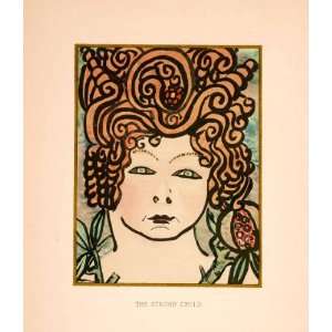 1919 Lithograph Pamela Bianco Strong Child Portrait Curly Hair Graphic 
