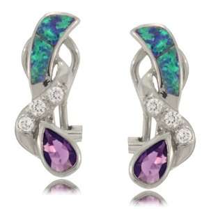  Created Opal Amethyst Earrings W/ CZ Silver French Clip 