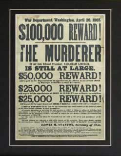 1st Abraham Lincoln Assassination Reward Wanted Poster  