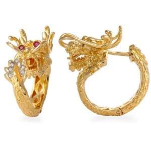  14k Yellow Gold Diamond Ruby Dragon Hinged Hoop Earrings 