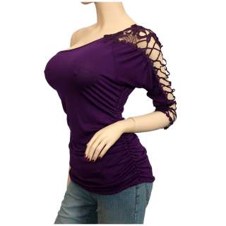 Plus Size Single Crochet Sleeve Top Purple  