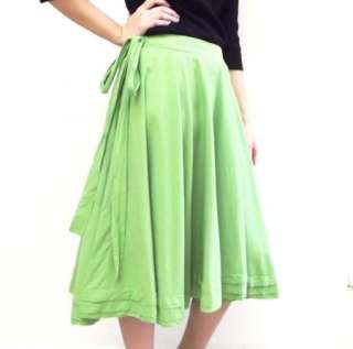 Bright Lime Green Zara Basic Cotton Full Calf Length Waist Tie Skirt 