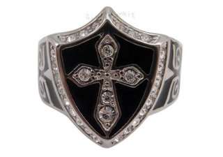 Size 10 Mens Silver Black Crystal Cross Knight Badge Stainless Steel 