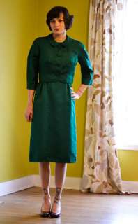 1950s vintage green DRESS & JACKET crochet lace M  
