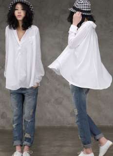   Long Sleeve Button Cotton Loose Shirt Blouse Top White 1563  