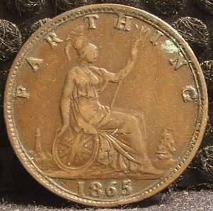 1865 Great Britain Farthing Bronze Coin KM # 747.2  