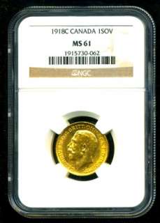 1918 C CANADA GEORGE V GOLD COIN SOVEREIGN NGC MS 61  