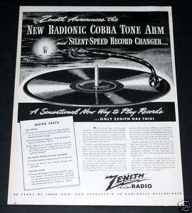 1946 OLD MAGAZINE PRINT AD, ZENITH, RADIONIC COBRA TONE ARM  