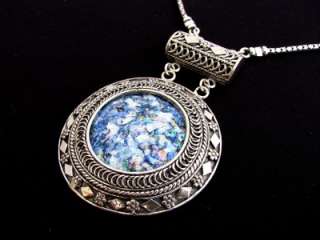 Yemenite Filigree Sterling Silver Roman Glass Pendant  