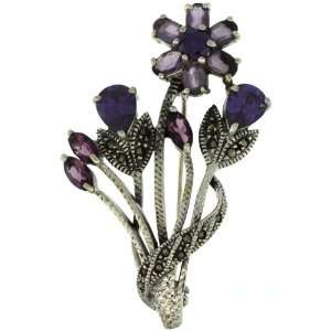 Sterling Silver Marcasite Flower Cluster Brooch Pin w/ Round, Pear 