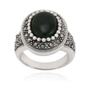  Sterling Silver Marcasite and Oval Onyx Ring, Size 5 