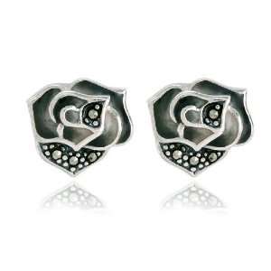  Sterling Silver Marcasite Rose Post Earrings Jewelry