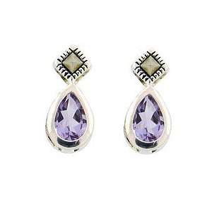    Sterling Silver Marcasite Small Purple Teardrop Earrings: Jewelry