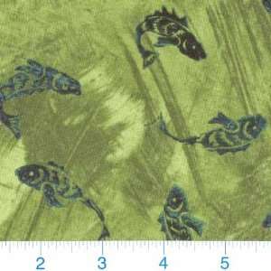  44 Wide Woodcuts Prehistoric Fish Green/Blue Fabric By 