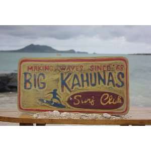  BIG KAHUNAS SURF CLUB SURFING WOOD SIGN 24 Patio, Lawn 