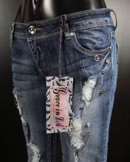 NWT Womens GRACE IN LA Destroyed SKINNY Jeans Chains Crystals Studs 