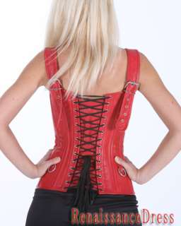 Victorian Red Leather Strap Steel Boned Overbust Corset Fancy 