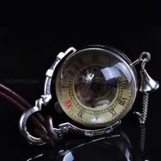 Silver Glass Ball Mechanical Pocket Watch Leather Cord MW41  