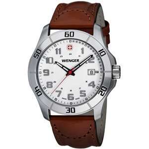  Pin Brooch. Mens White Gold Dial Brown Leather Strap Alpine Watch 