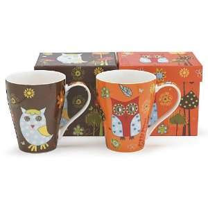  Set Of 2 Whimsical Owl Coffee Mugs Bone China 