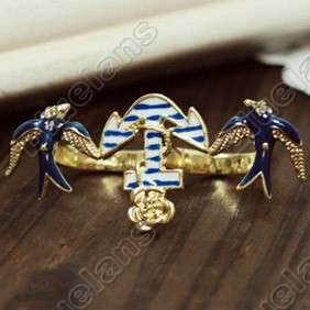 Navy Style Swallow Anchor Two Finger Ring US Size 8 6310  