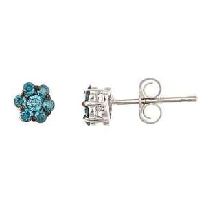 Blue Diamond Cluster Stud Earrings 14K White Gold (0.30Cttw, Enhanced 
