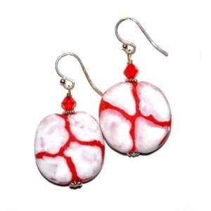 Kazuri Earrings   Red and White with Swarovski Crystal Sterling Silver 