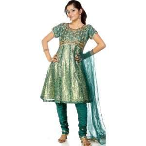 Green Brocaded Shimmer Anarkali Suit with Beadwork and Dori   Art Silk