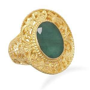 Oval Emerald Ring 14K Yellow Gold on Sterling Silver Vintage Antique 