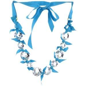   Pearl Vintage Crystal with Tropical Blue Grosgrain Necklace: Jewelry