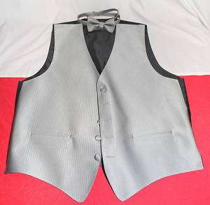 Gently Used Silver Herringbone Tuxedo Vest And Bowtie  
