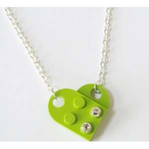   Green Upcycled LEGO Heart Necklace with Swarovski Chrystal Jewelry
