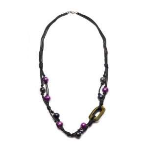 10 11mm Purple Freshwater Pearl with 4 Strands Black Leather with Wood 