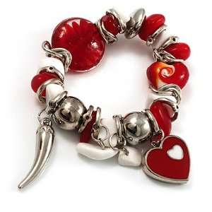   Silver Tone, Heart Charm Glass Bead Flex Bracelet (Red&White) Jewelry