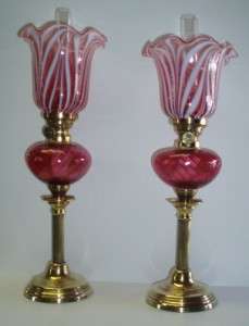   Antique Cranberry Swirl Oil Lamps Brass Column Gaudard MINT  