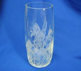 LARGE PERRY COYLE ENGRAVED IRIS FLOWERS VASE SIGNED  