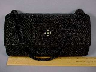 Vintage Black Satin Beaded Handbag Clutch Purse  