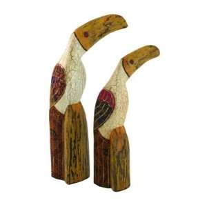  Hand Carved Toucans, Wood with Batik Fabric, Hand Painted 