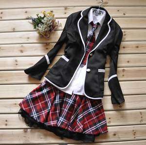 Japanese School Girl Uniform Cosplay Costume Black Red Tartan Dress 