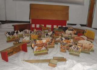 1940s Lithographed Folk Art Wood Barn Toy Set 44 Pieces  