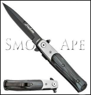 Premium Italian Style Stiletto Knife Black w/ Black Wood Inlay Spring 