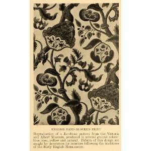 1920 Print English Hand Blocked Print Jacobean Pattern   Original 