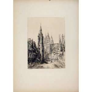  Cathedral Belfry Tournai Belgium Etching C1877 Print