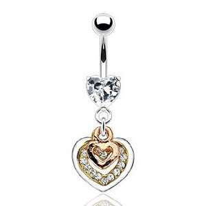 316L Prong Set Gem Belly Ring with Triple Tone Gem Pave Heart Dangle 