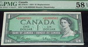 1954 $1 Bank of Canada *AM 503 low serial PMG 58 EPQ  