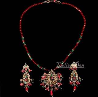 RUBY EMERALD POLKI BEADS STRING PENDANT NECKLACE & EARRINGS SET INDIAN 