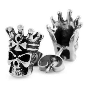   Silver Stainless Steel Heavy Biker Skull Crown Studs Earrings Jewelry